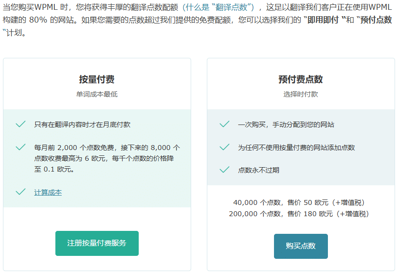 独立站多语言WPML“即用即付 “和 “预付点数“计划